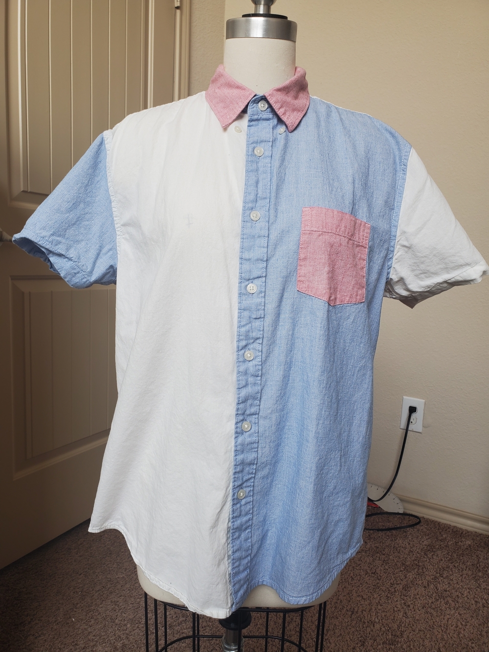 Arizona Jean Company Colorblock Short Sleeve Button-Up in Pink, Blue & White